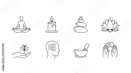 Zen meditation yoga lotus flower candle stacked stones spa wellness icons serenity vector