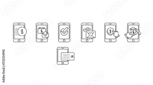 Mobile device icons showing digital services and notifications simplified line art graphics vector