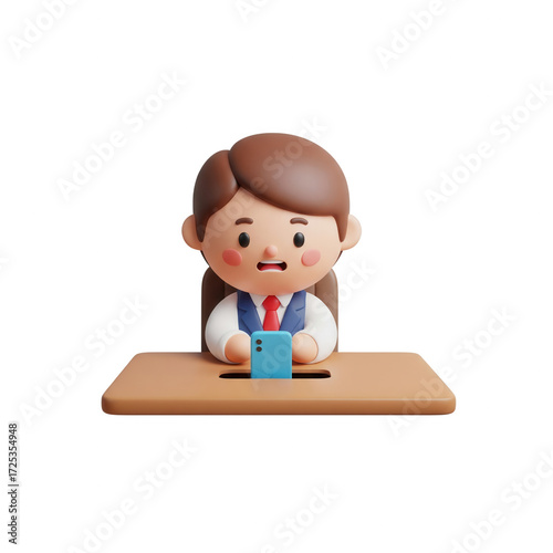 Cartoon Character Office Worker Using Mobile Device Against Transparent Backdrop