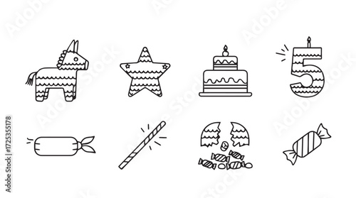 Fiesta birthday celebration icons including pinata cake candy and number 5 decorations vector