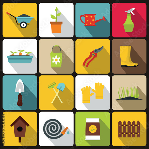Gardening icons set in flat style