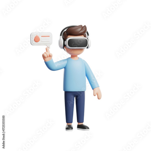 Character Wearing Vr Headset and Holding Blood Drop Icon on Transparent Background