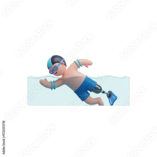 Person With Prosthetic Leg Performing Swimming In Transparent Background Water Illustration