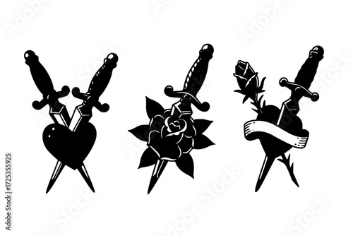 Classic Dagger Tattoo Silhouettes Vector Set. Dagger Piercing Heart, Dagger Piercing Rose, and Clean Dagger Alone. Sharp, Traditional, and Edgy Designs.