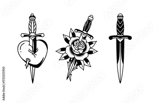 Classic Dagger Tattoo Silhouettes Vector Set. Dagger Piercing Heart, Dagger Piercing Rose, and Clean Dagger Alone. Sharp, Traditional, and Edgy Designs.
