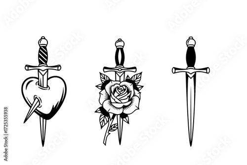 Classic Dagger Tattoo Silhouettes Vector Set. Dagger Piercing Heart, Dagger Piercing Rose, and Clean Dagger Alone. Sharp, Traditional, and Edgy Designs.