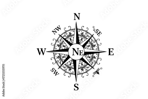 Detailed Vintage Nautical Compass Rose Silhouette Vector. Intricate yet Clean Design with Cardinal Directions. Ornate Decorative and Minimalist Versions Available. Navigation.