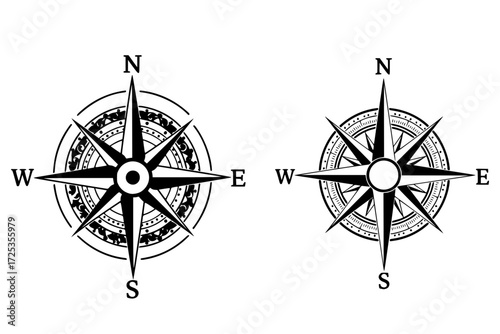 Detailed Vintage Nautical Compass Rose Silhouette Vector. Intricate yet Clean Design with Cardinal Directions. Ornate Decorative and Minimalist Versions Available. Navigation.