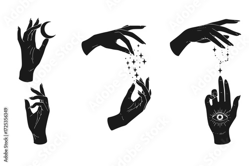 Elegant Mystical Hands Silhouette Vector Set. Minimalist Gestures with Crescent Moon, Trickling Stars, and All-Seeing Eye in Palm. Clean, Graceful, and Esoteric.
