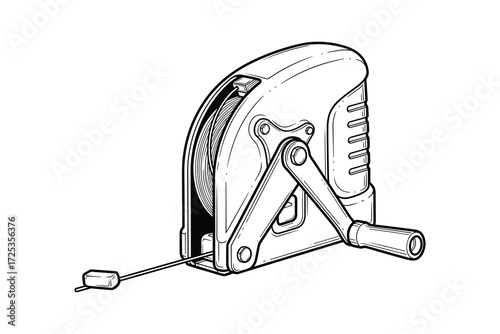 Line art illustration of a cable reel with hand crank on white