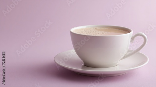 Soup in white porcelain cup, elegant pastel lavender background, minimalist chic
