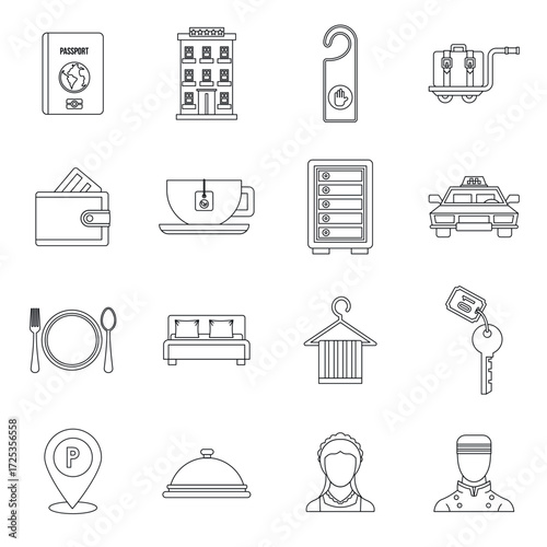Hotel icons set in outline style