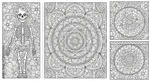 Detailed Floral Skeleton and Mandalas Line Art Collection