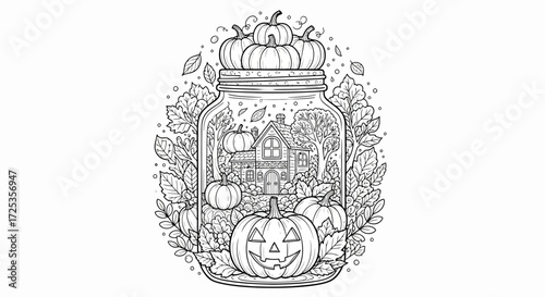 Cozy Autumn Halloween Scene in Jar Line Art