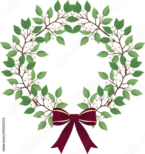 Wreath of mistletoe and burgundy bow. Isolated vector illustration.