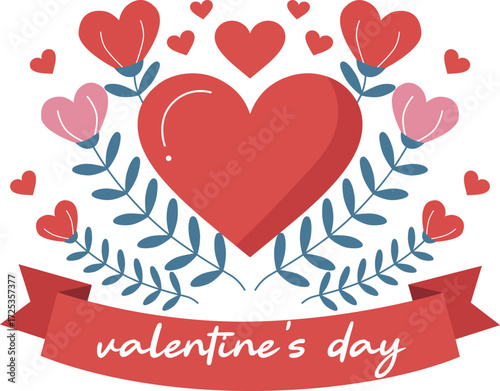 Valentine's Day, isolated illustration of heart, flowers with heart-shaped buds, ribbon with text "Valentine's Day".