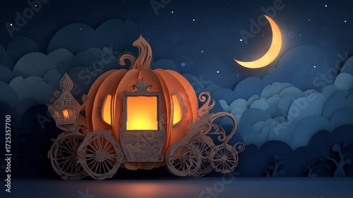 Paper Cut Pumpkin Carriage Glowing at Night