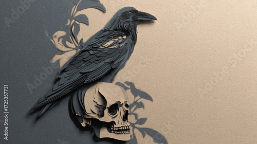 Paper Cut Raven on Skull with Misty Gothic Background