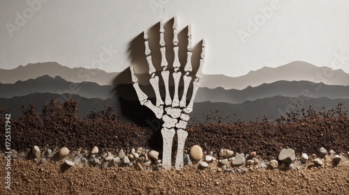 Paper Cut Skeleton Hand Rising from Ground with Stones