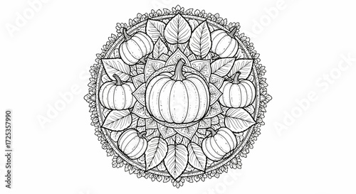 Autumn Pumpkin Mandala Line Art Coloring Page