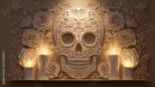 Paper Cut Skull with Roses and Candles, Gothic Atmosphere