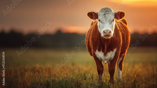 Hereford cow standing in a field at sunset, rural scene.