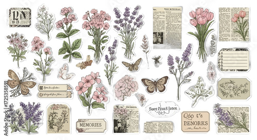 Elegant Vintage Floral Stickers With Butterflies and Paper