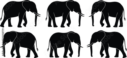 Elephant silhouettes, wildlife icons, African animals, safari design, jungle mammals, nature art, cultural symbol, savanna outline, animal vector, illustration