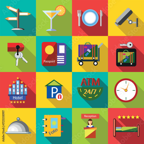 Hotel icons set in flat style