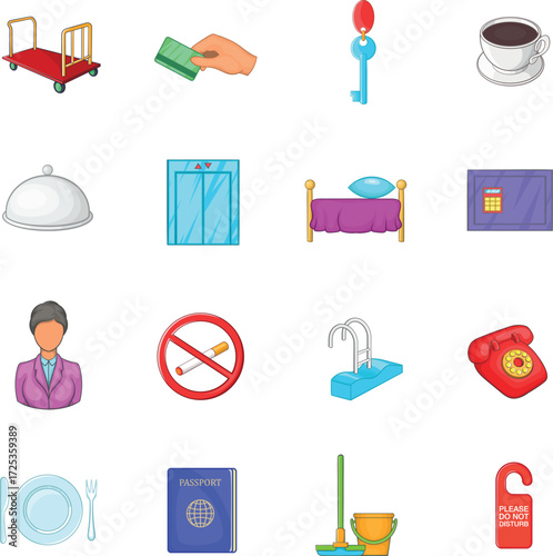 Hotel icons set in cartoon style