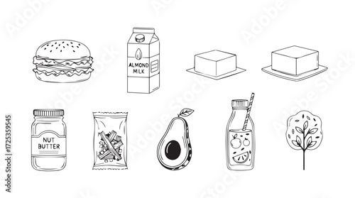 Hand drawn sketch collection of fresh food ingredients and healthy produce for cooking and nutrition vector