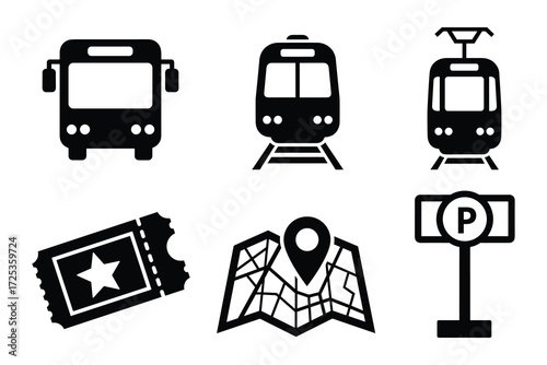 Transportation and travel related vector icons in black and white