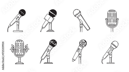 Collection of vintage and modern microphones in sketch style for audio recording and performance vector