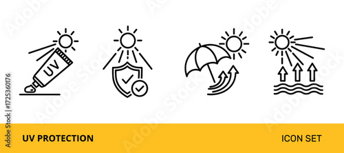 UV Protection Icon Set. Sunscreen Tube, Shield, Umbrella, Waves.