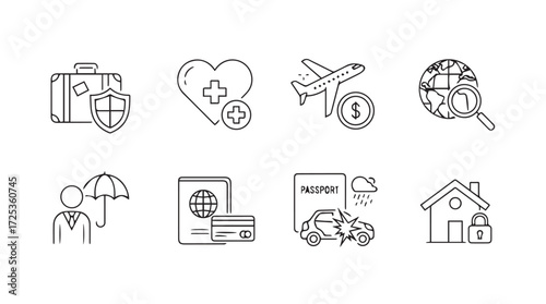 Collection of outline icons representing various insurance and travel services for modern businesses vector