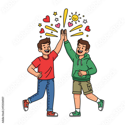 Happy cartoon characters giving a high five, symbolizing teamwork, friendship, and victory