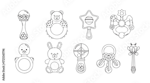 Collection of classic baby rattle line art icons for nursery and toy designs vector