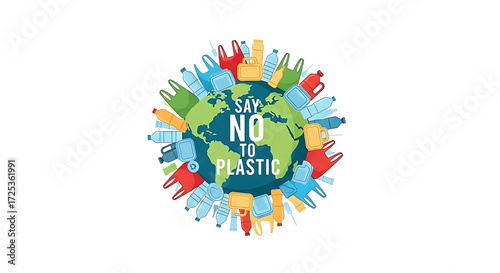 Earth surrounded by plastic with the words say no to plastic in the center of the planet