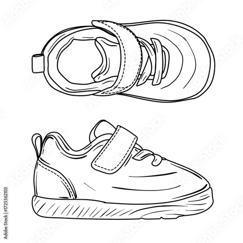 A simple black and white line drawing of a small childs shoe. This illustration shows both a top down and a side profile view of the sneaker with a velcro strap.