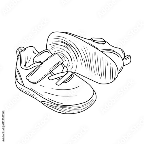 A detailed sketch of a pair of childrens sneakers. The shoes are depicted in a black and white line drawing style, showcasing the laces, velcro straps, and sole details