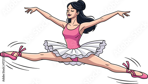 Cartoon ballerina performing grand jeté ballet leap, elegant dancer vector illustration, graceful dance pose design for art, performance, and classical ballet concept