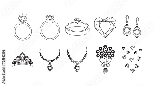 Collection of elegant diamond jewelry designs featuring rings necklaces and earrings vector
