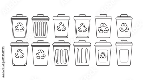 Collection of trash bins and recycling containers featuring recycling symbols hand drawn style vector