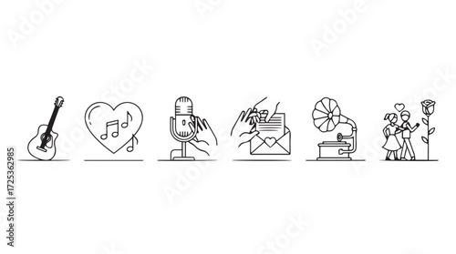 Collection of hand-drawn musical icons representing various aspects of music and sound vector