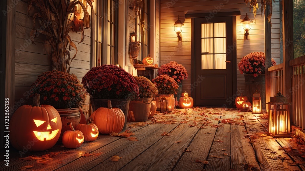Obraz premium A cozy autumn porch decorated with pumpkins, lanterns, and colorful flowers, capturing the warmth of the Halloween season.