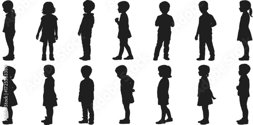 Children silhouettes, kids icons, young figures, childhood shapes, playful poses, family design, school art, youth outline, lifestyle vector, illustration