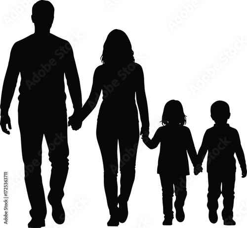Silhouette of family walking hand in hand, parents with children vector illustration, unity and togetherness concept, happy family figure design