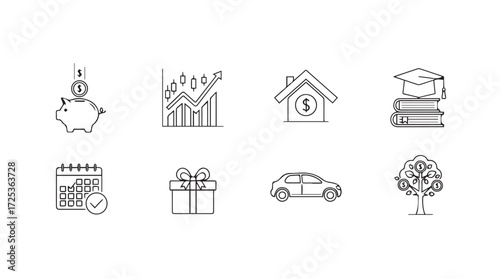 Abstract financial icons representing investment growth savings education and property goals vector