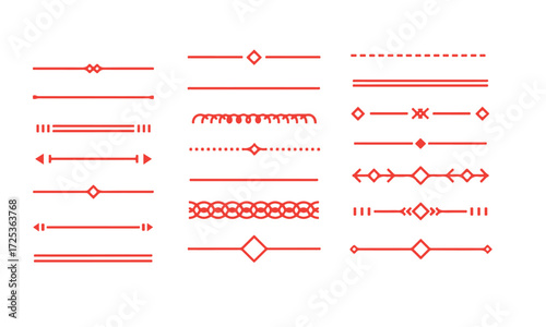 A set of various red decorative line dividers and ornamental elements, perfect for design accents and page breaks.