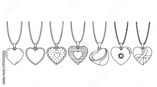 Collection of diverse heart pendant necklaces with unique decorative patterns and textures vector
